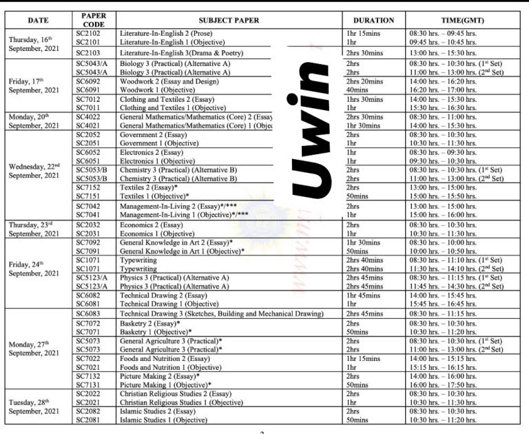 WAEC 2021 timetable
