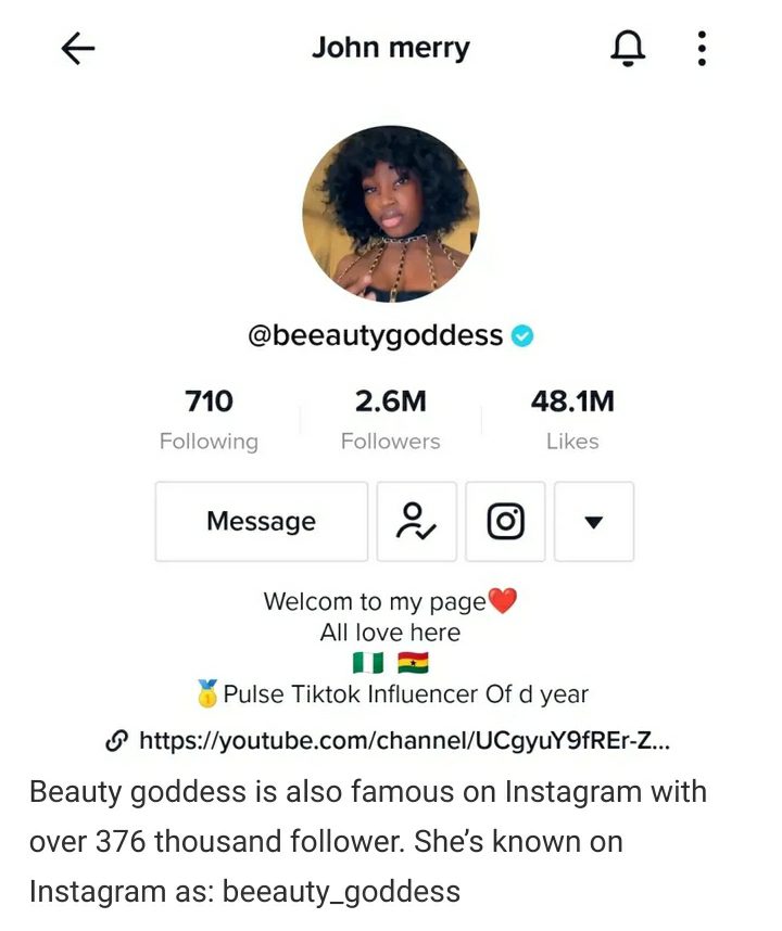 Beauty Goddess: Biography, Early life Net worth, career, Real Name, Tiktok, Instagram, Gallery